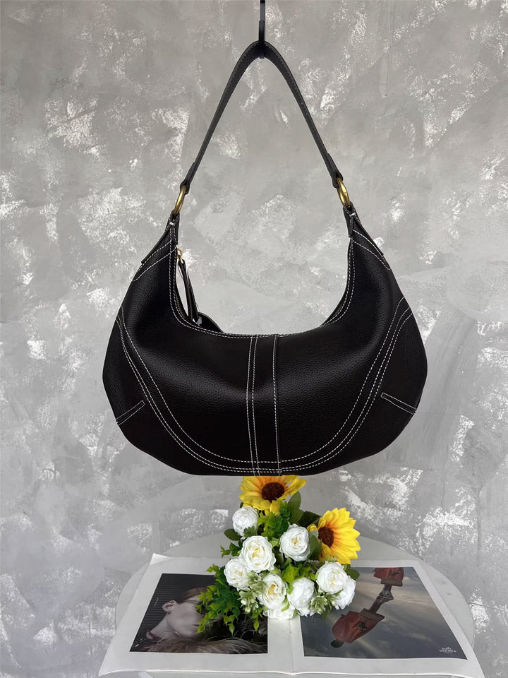 Black Leather Crescent Shoulder Bag