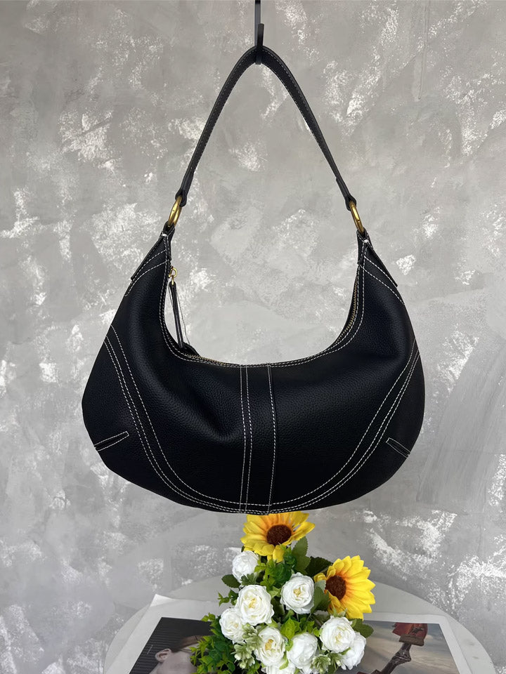 Black Leather Crescent Shoulder Bag