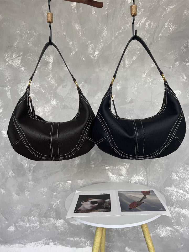 Black Leather Crescent Shoulder Bag