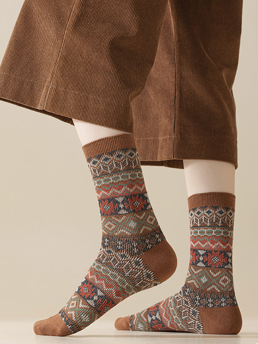 5 Pairs Winter Ethnic Flower Mid Heel Socks
