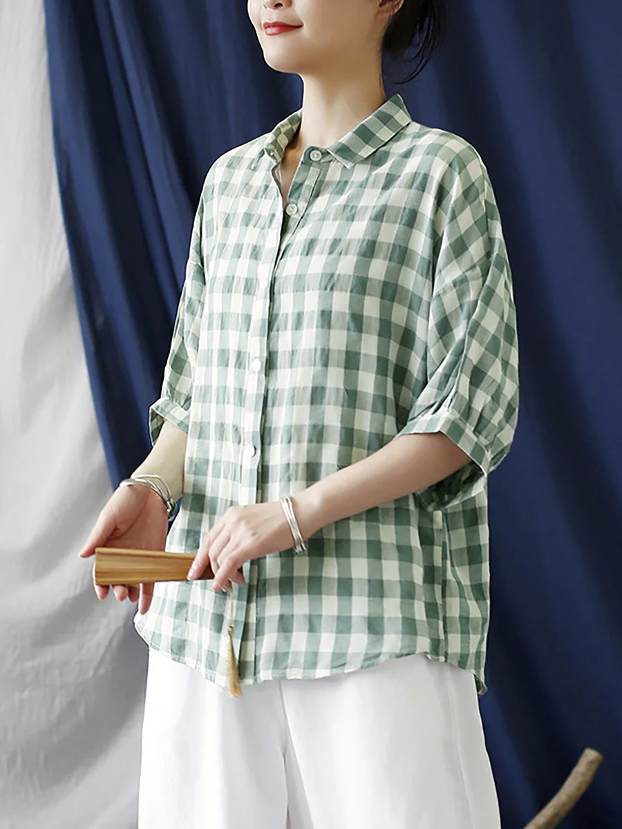 Plus Size Cotton Summer Plaid Vintage Women Loose Shirt