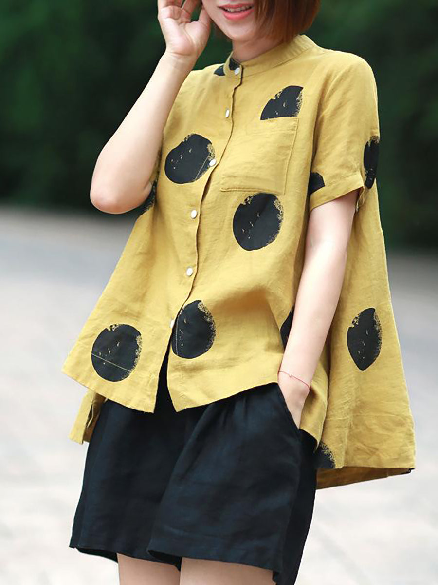Plus Size Polka Dot Cotton Linen Stand Collar Shirt Main image