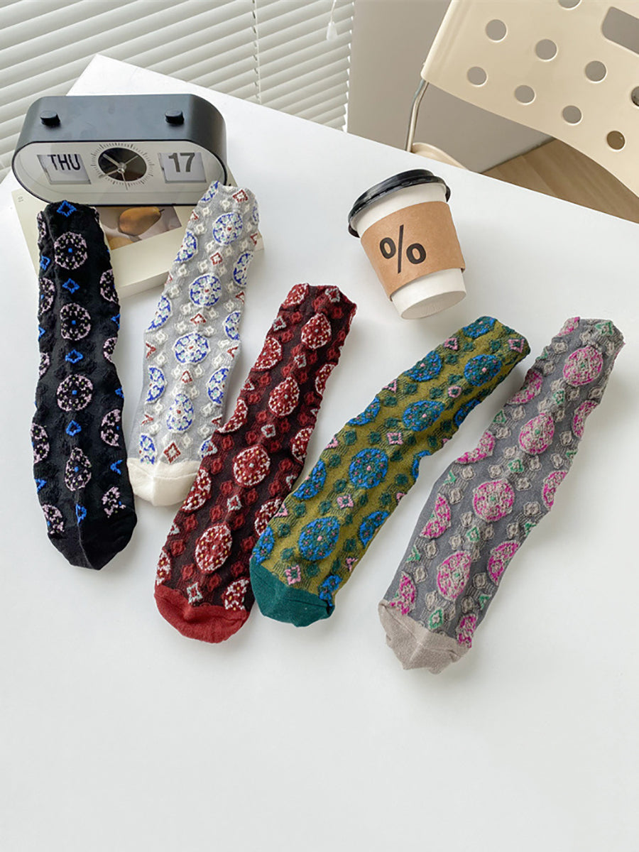 5 Pairs Women Vintage Circle Jacquard Cotton Socks
