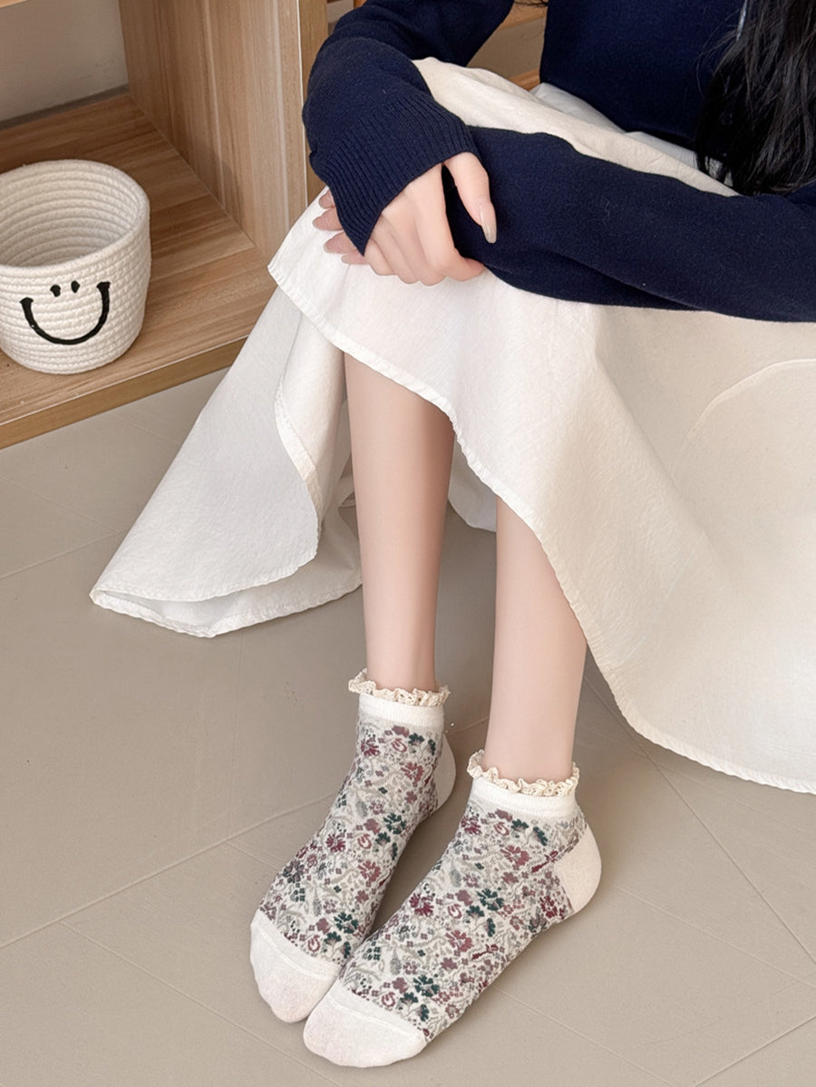 5 Pairs Women Artsy Floral Lace Spliced Socks