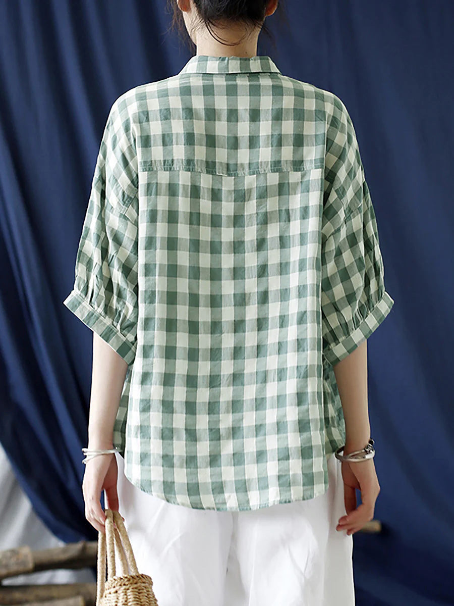 Plus Size Cotton Summer Plaid Vintage Women Loose Shirt