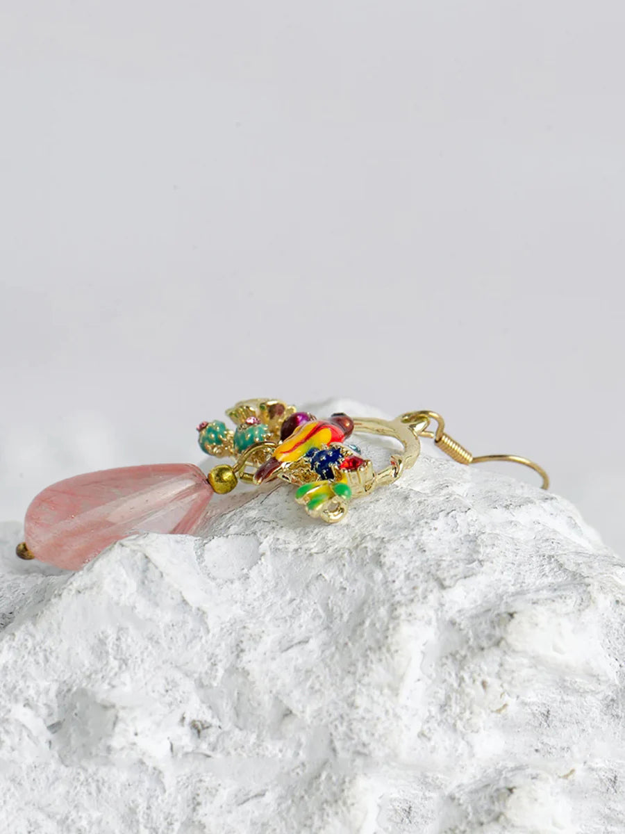 Bird And Flower Chalcedony Pendant Earrings