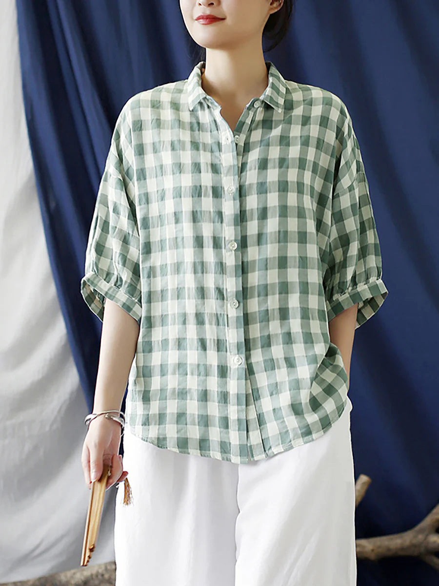 Plus Size Cotton Summer Plaid Vintage Women Loose Shirt