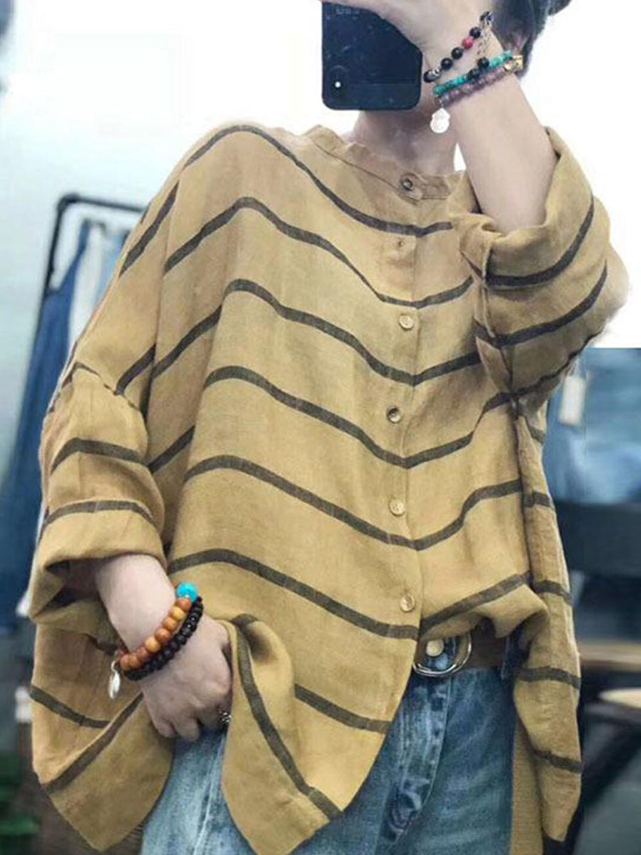Plus Size Loose Cotton Linen Striped Long Sleeve Shirt Main image