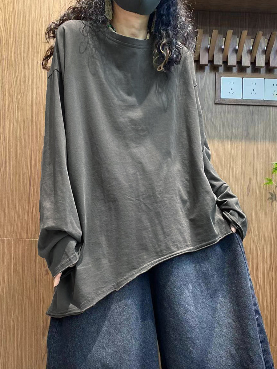 Plus Size Women Autumn Casual Pure Color 100%Cotton O-Neck Shirt